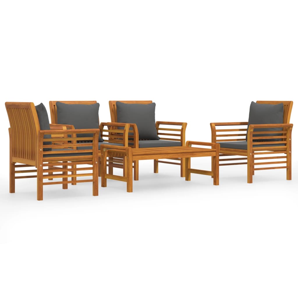 5-Delige Loungeset Met Kussens Massief Acaciahout Donkergrijs 4x Fauteuil + Tafel