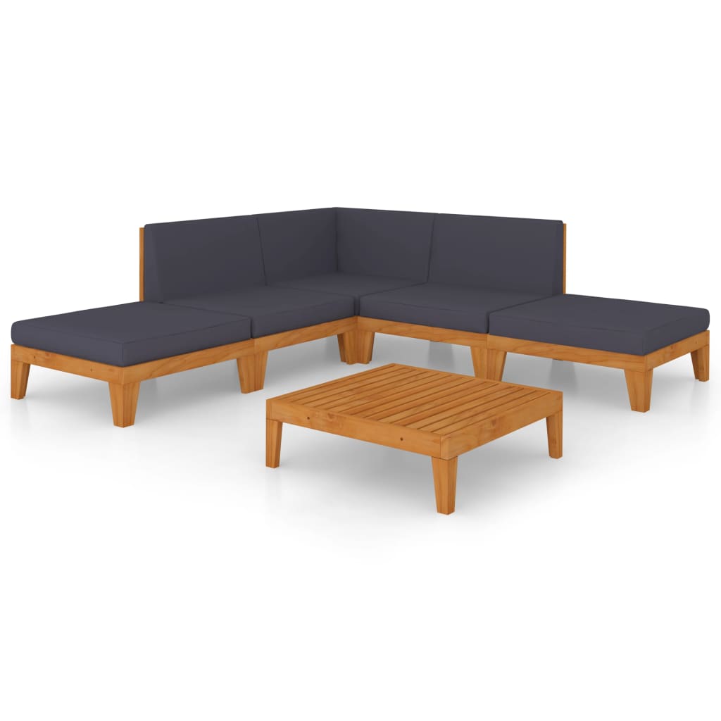 7-Delige Loungeset Met Kussens Massief Acaciahout Donkergrijs hoek + 2x midden + 2x voetensteun + Tafel
