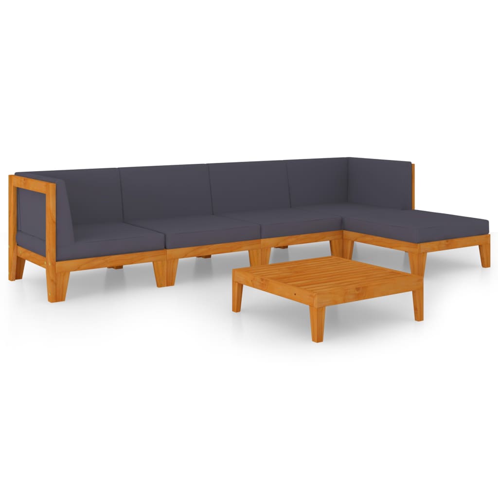 6-Delige Loungeset Met Kussens Massief Acaciahout Donkergrijs 2x hoek + 2x midden + voetensteun + Tafel