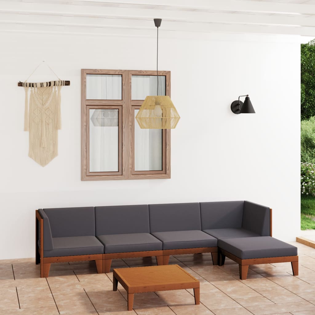 6-Delige Loungeset Met Kussens Massief Acaciahout Donkergrijs 2x hoek + 2x midden + voetensteun + Tafel