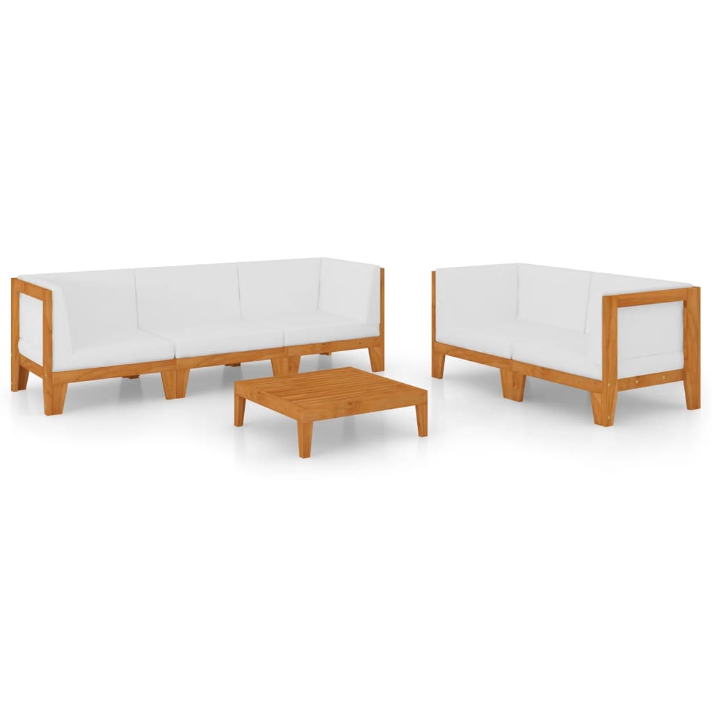 6-Delige Loungeset Met Kussens Massief Acaciahout Crème 4x hoek + midden + Tafel