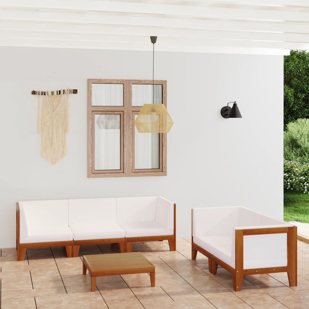 6-Delige Loungeset Met Kussens Massief Acaciahout Crème 4x hoek + midden + Tafel
