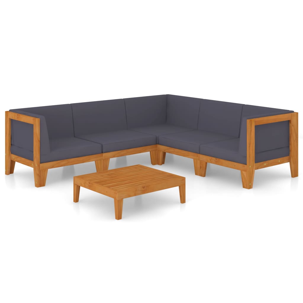 6-Delige Loungeset Met Kussens Massief Acaciahout Donkergrijs 3x hoek + 2x midden + Tafel
