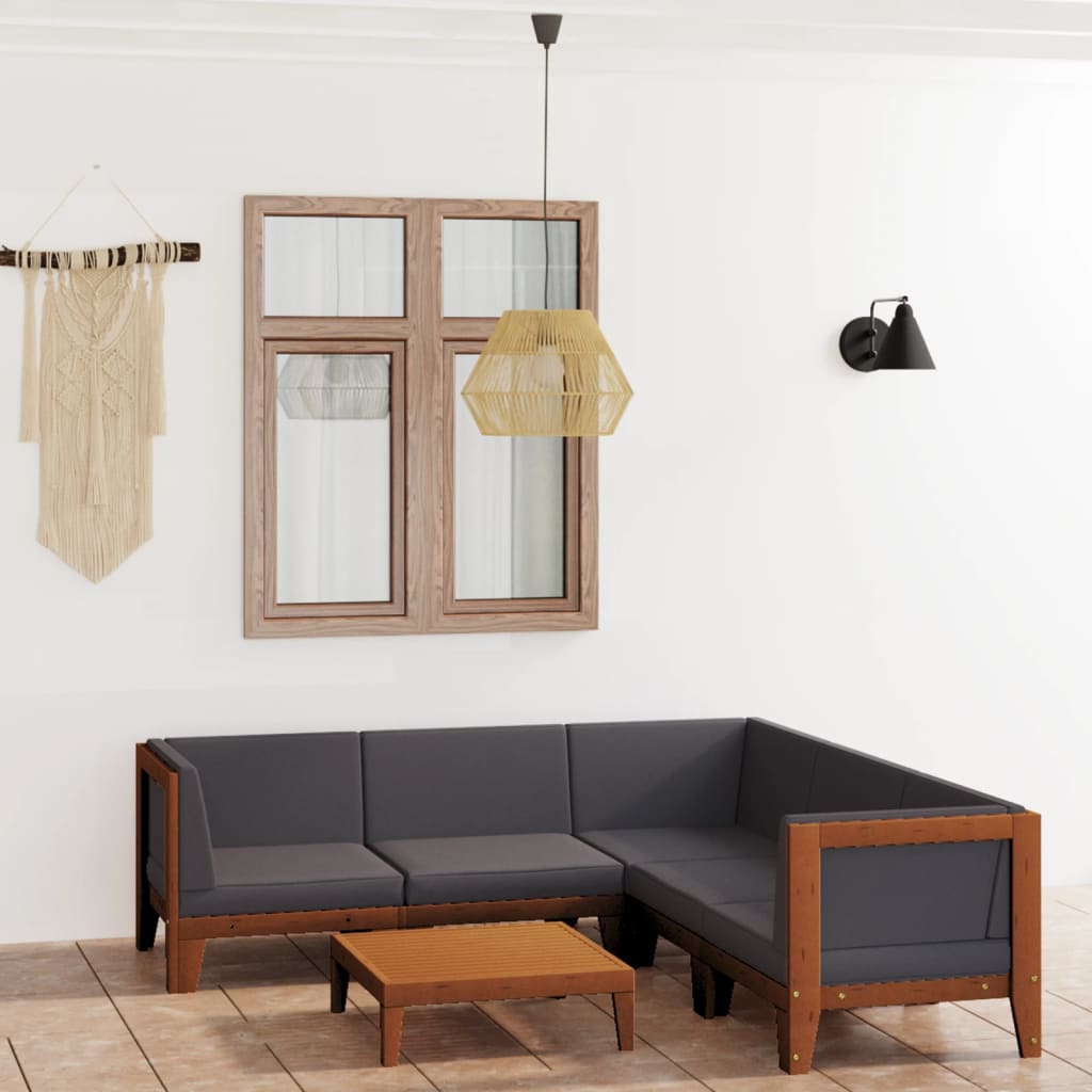 6-Delige Loungeset Met Kussens Massief Acaciahout Donkergrijs 3x hoek + 2x midden + Tafel