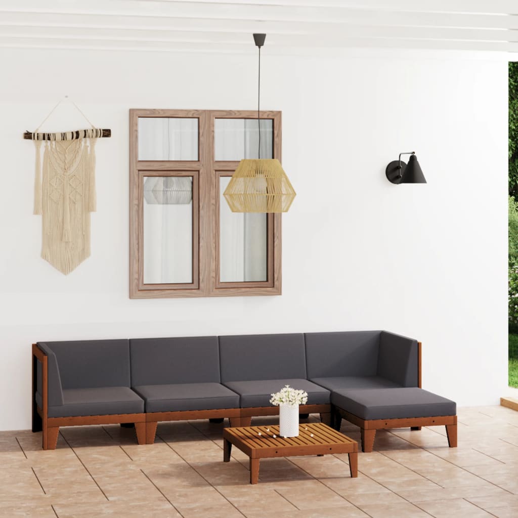 6-Delige Loungeset Met Kussens Massief Acaciahout Donkergrijs 2x midden + 2x hoek + voetensteun + Tafel