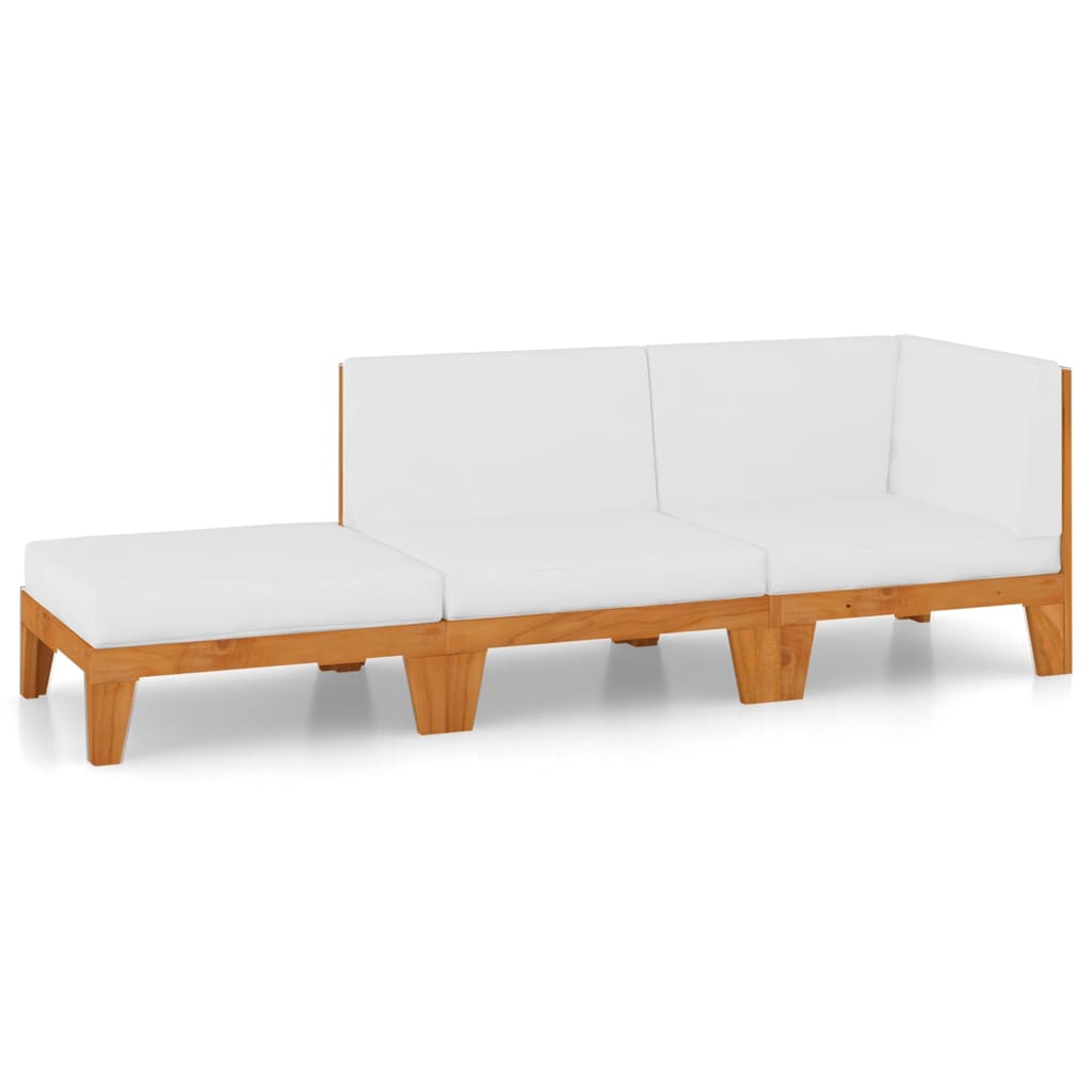3-Delige Loungeset Met Kussens Massief Acaciahout Crème hoek + midden + voetensteun