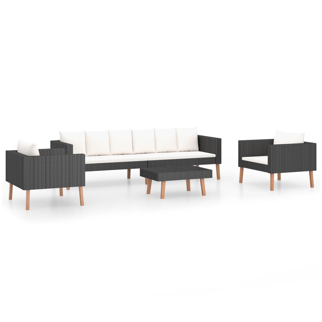 4-Delige Loungeset Met Kussens Poly Rattan Zwart Driezitsbank + 2x Fauteuil + Tafel