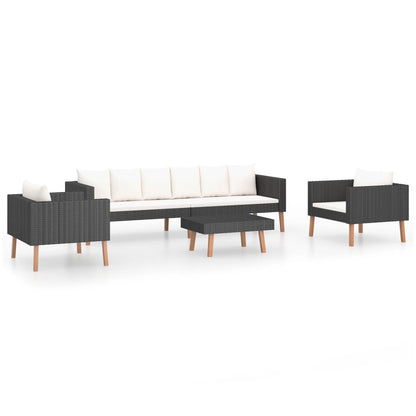 4-Delige Loungeset Met Kussens Poly Rattan Zwart Driezitsbank + 2x Fauteuil + Tafel