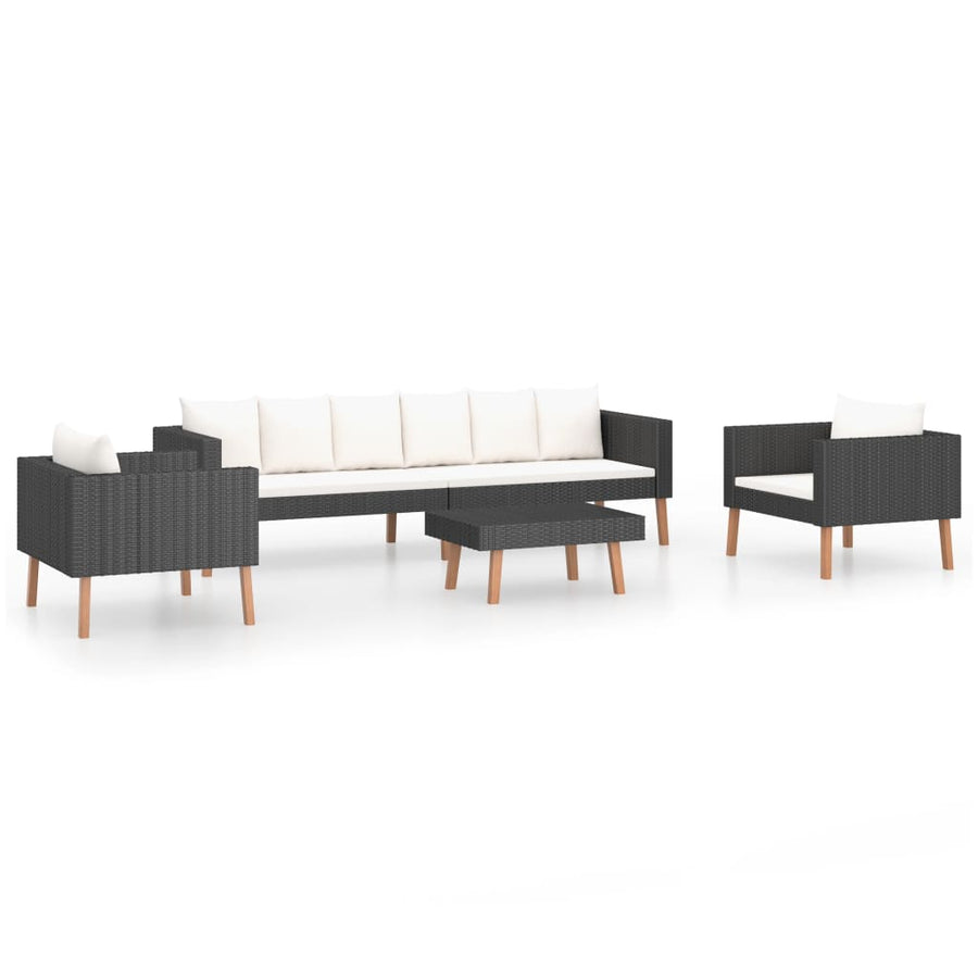 4-Delige Loungeset Met Kussens Poly Rattan Zwart Driezitsbank + 2x Fauteuil + Tafel
