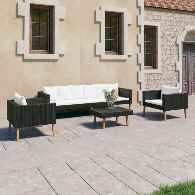 4-Delige Loungeset Met Kussens Poly Rattan Zwart Driezitsbank + 2x Fauteuil + Tafel