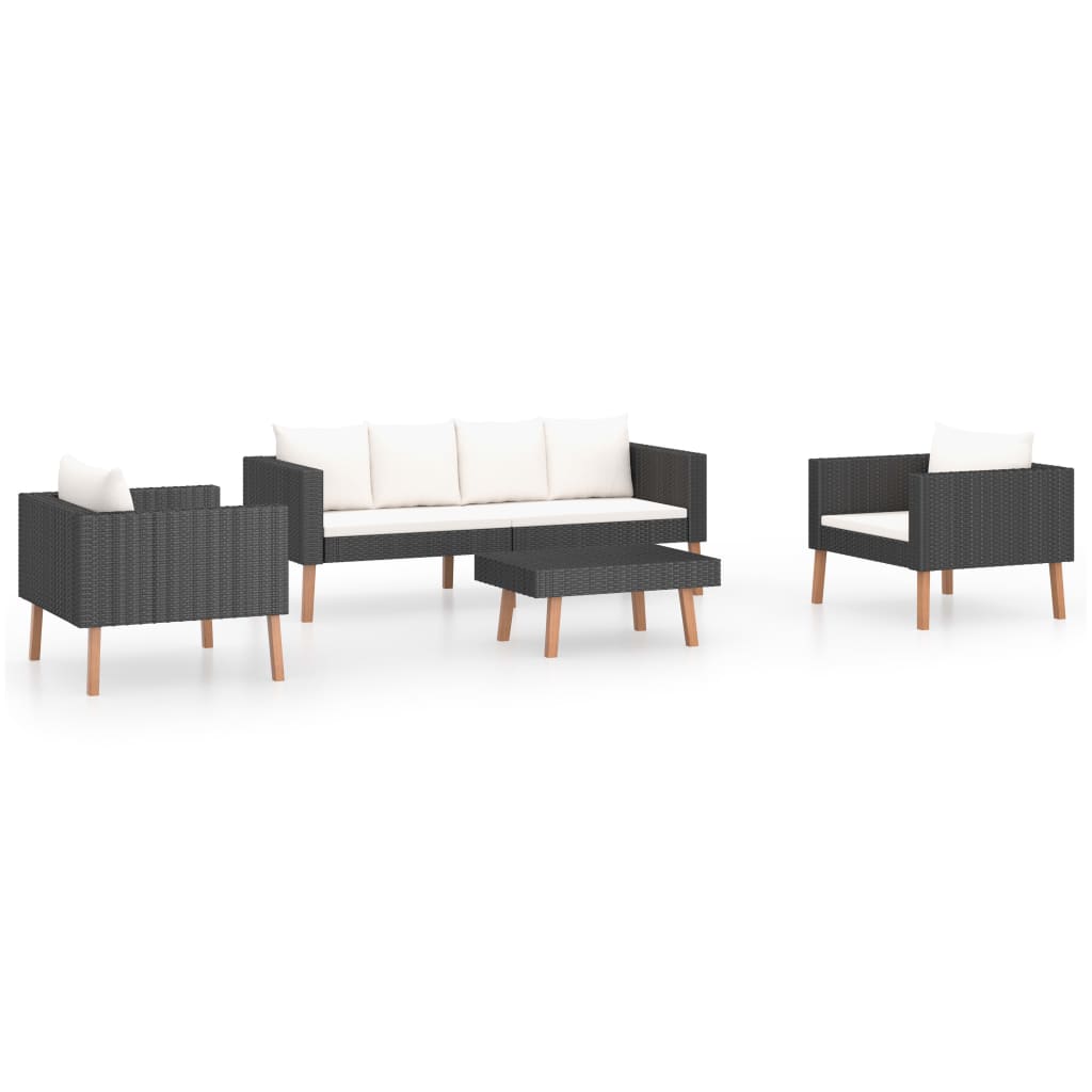 4-Delige Loungeset Met Kussens Poly Rattan Zwart Tweezitsbank + 2x Fauteuil + Tafel