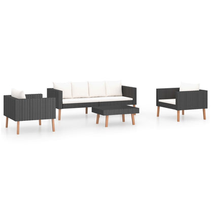 4-Delige Loungeset Met Kussens Poly Rattan Zwart Tweezitsbank + 2x Fauteuil + Tafel