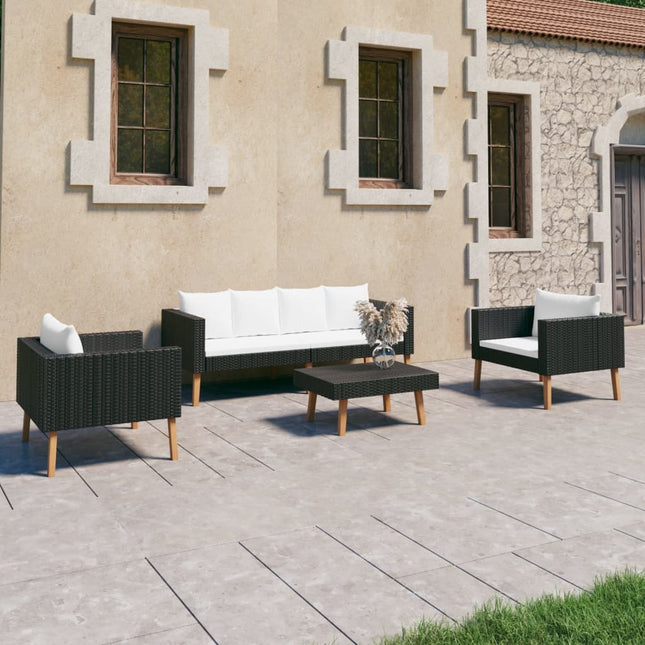 4-Delige Loungeset Met Kussens Poly Rattan Zwart Tweezitsbank + 2x Fauteuil + Tafel