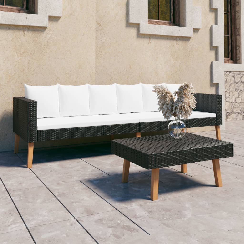 2-Delige Loungeset Met Kussens Poly Rattan Zwart Driezitsbank + Tafel