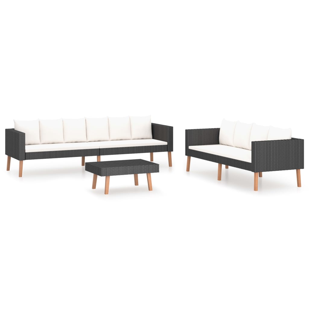 3-Delige Loungeset Met Kussens Poly Rattan Zwart 3-zits + 2-zits + tafel