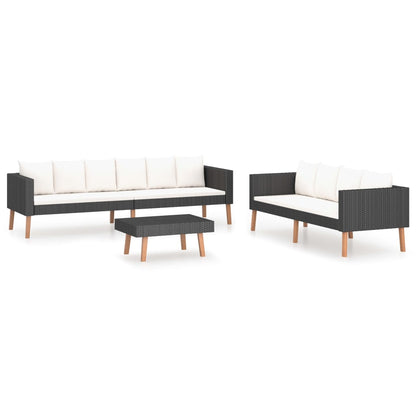3-Delige Loungeset Met Kussens Poly Rattan Zwart 3-zits + 2-zits + tafel