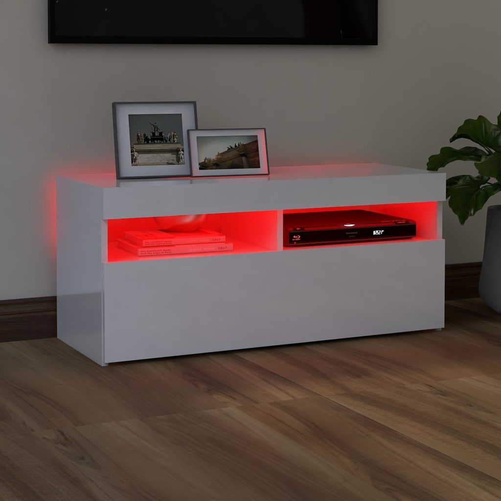 Tv-Meubel Met Led-Verlichting 1 90 x 35 x 40 cm Hoogglans wit
