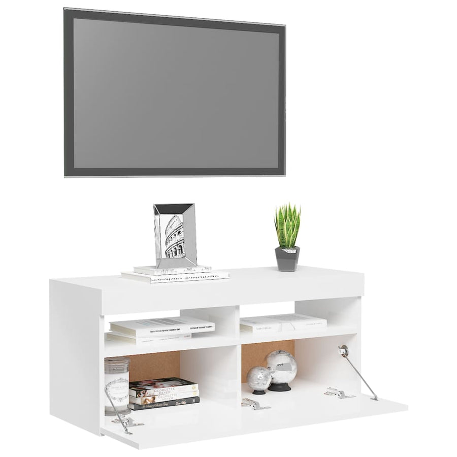 Tv-Meubel Met Led-Verlichting 1 90 x 35 x 40 cm Hoogglans wit