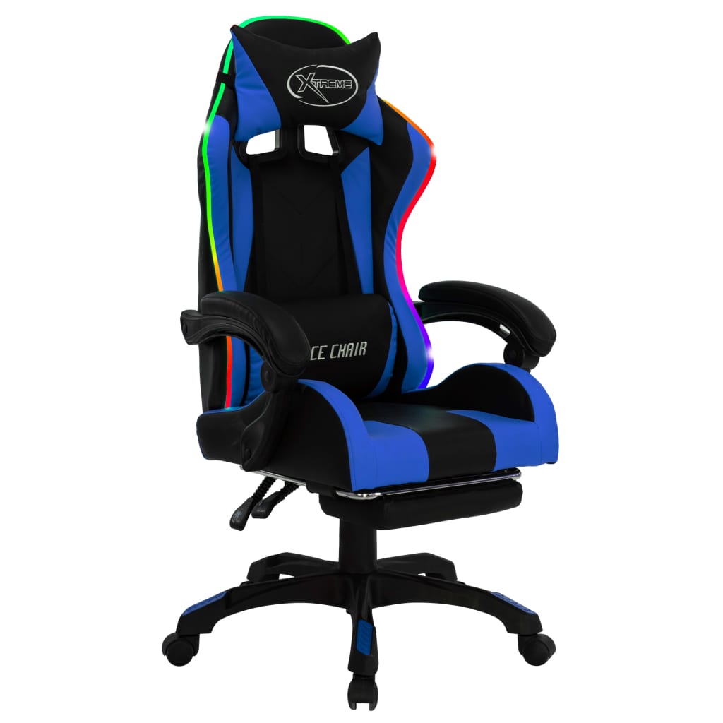 Racestoel Met Rgb Led-Verlichting Kunstleer Blauw en zwart Met voetensteun