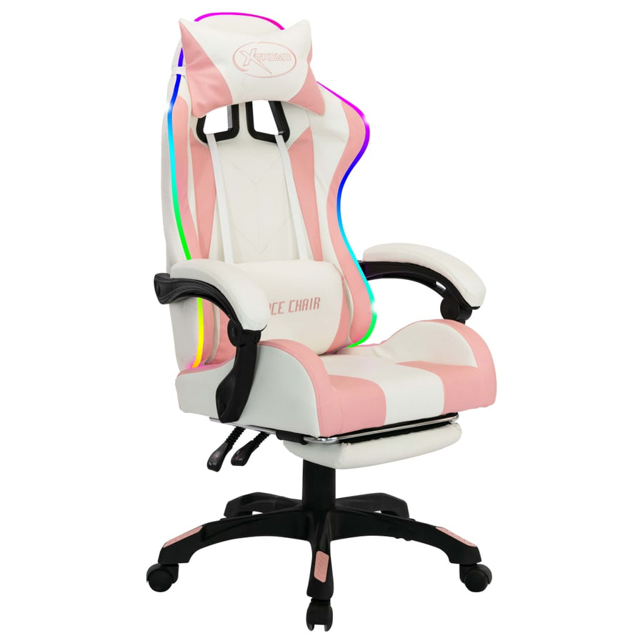 Racestoel Met Rgb Led-Verlichting Kunstleer Roze en wit Met voetensteun