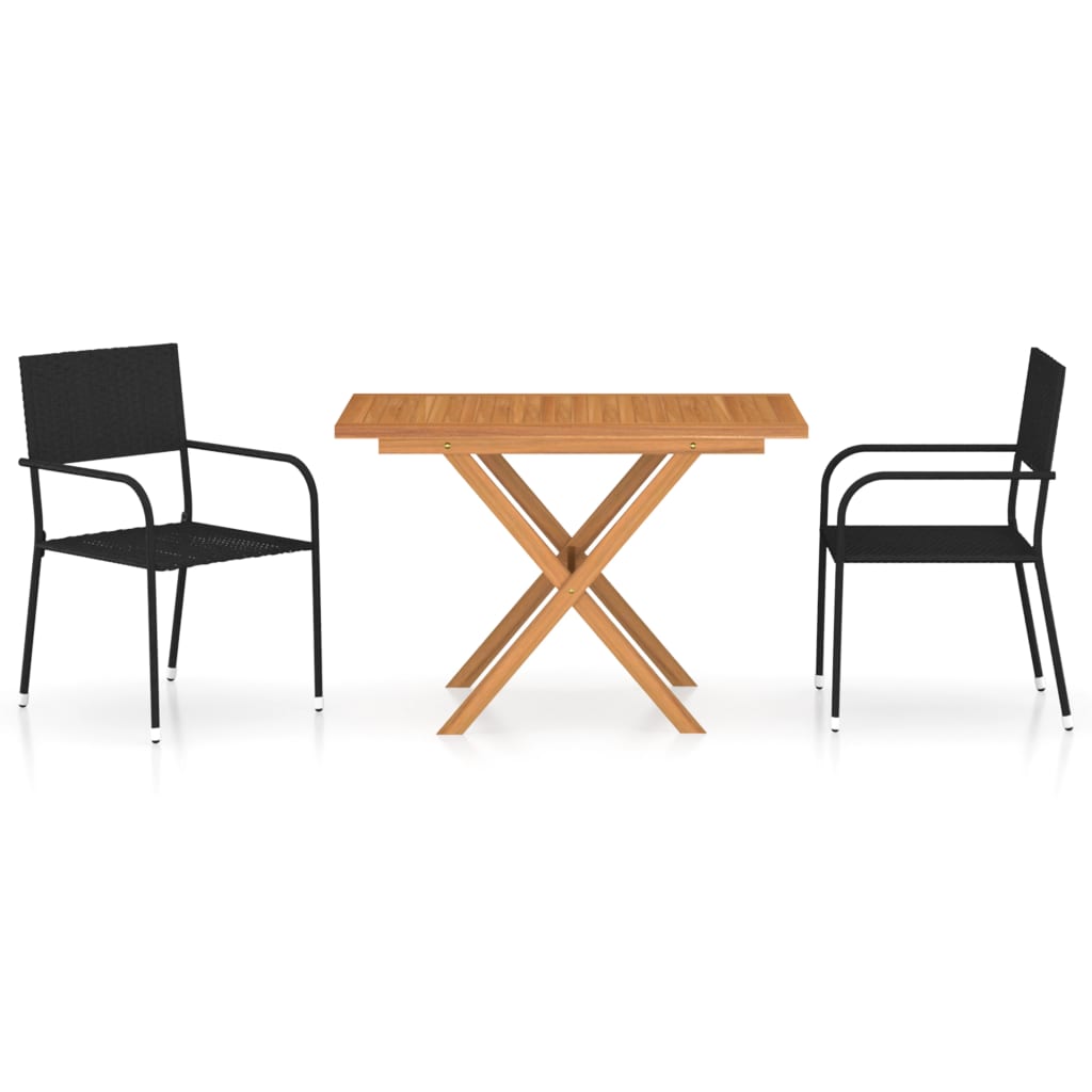 3-delige Tuinset poly rattan en massief acaciahout zwart