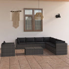 9-Delige Loungeset Met Kussens Poly Rattan Grijs 3x hoek + 4x midden + Fauteuil + 2x Tafel