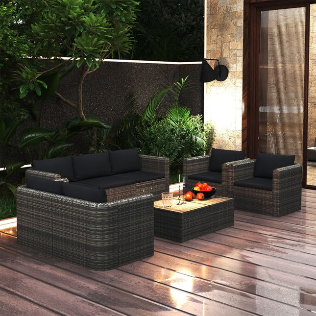 8-Delige Loungeset Met Kussens Poly Rattan Grijs 4x hoek + midden + 2x Fauteuil + 2x Tafel