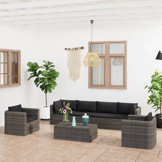 7-Delige Loungeset Met Kussens Poly Rattan Grijs 2x hoek + 2x midden + 2x Fauteuil + Tafel