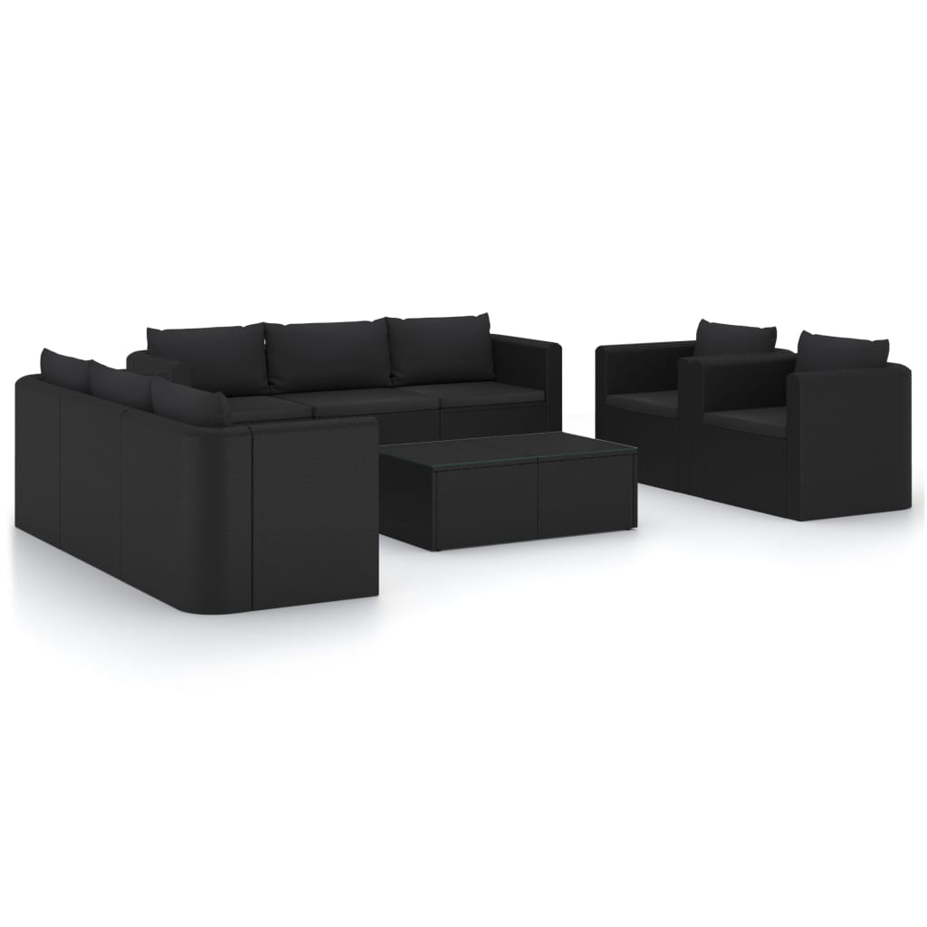10-delige Loungeset met kussens poly rattan zwart