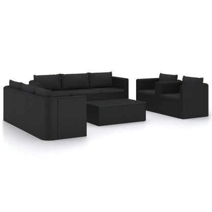10-delige Loungeset met kussens poly rattan zwart