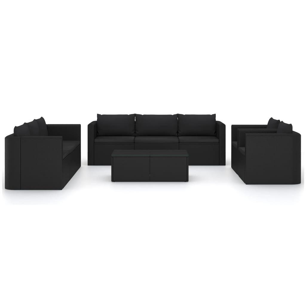 10-delige Loungeset met kussens poly rattan zwart