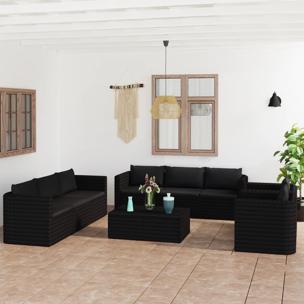 10-delige Loungeset met kussens poly rattan zwart