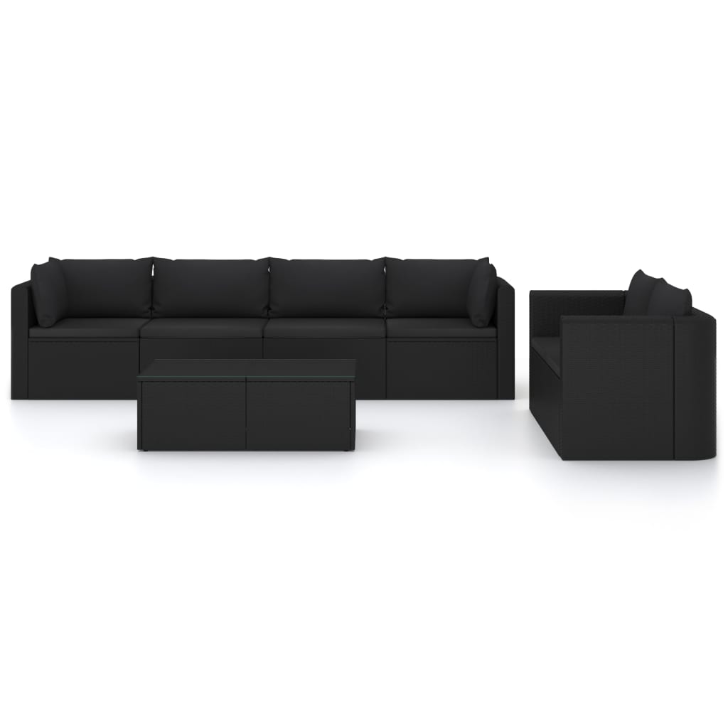 7-delige Loungeset met kussens poly rattan zwart