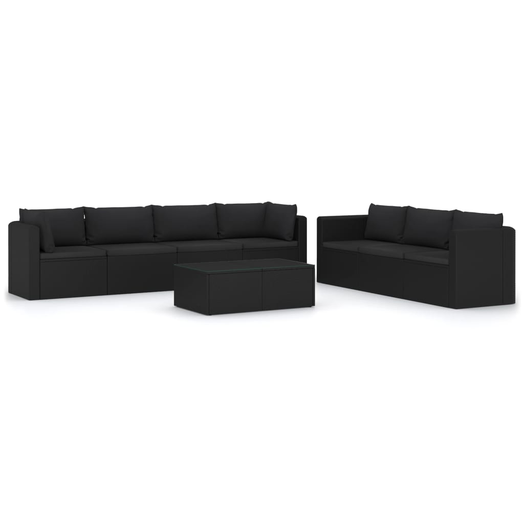 8-delige Loungeset met kussens poly rattan zwart
