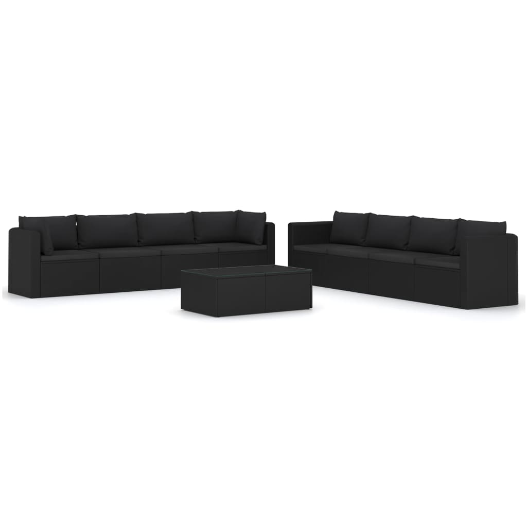 9-delige Loungeset met kussens poly rattan zwart