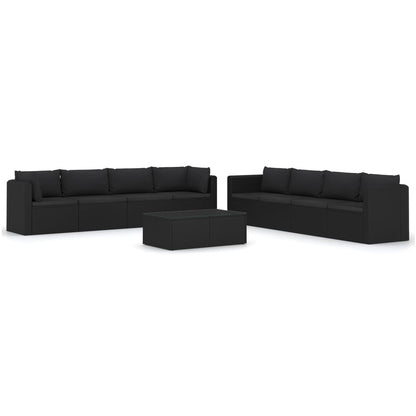 9-delige Loungeset met kussens poly rattan zwart