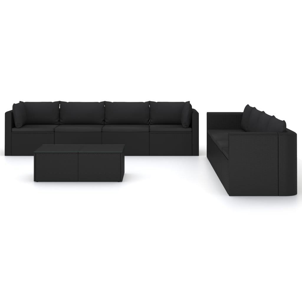 9-delige Loungeset met kussens poly rattan zwart
