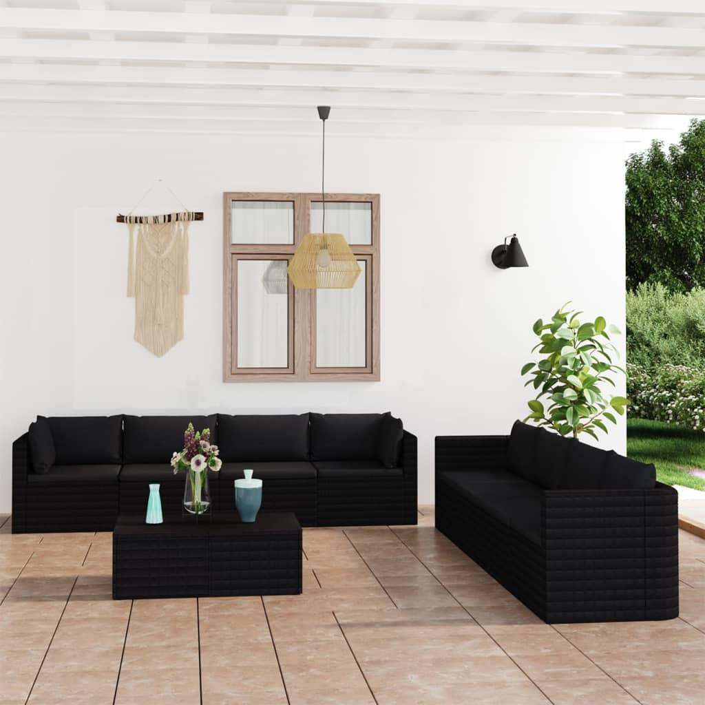 9-delige Loungeset met kussens poly rattan zwart