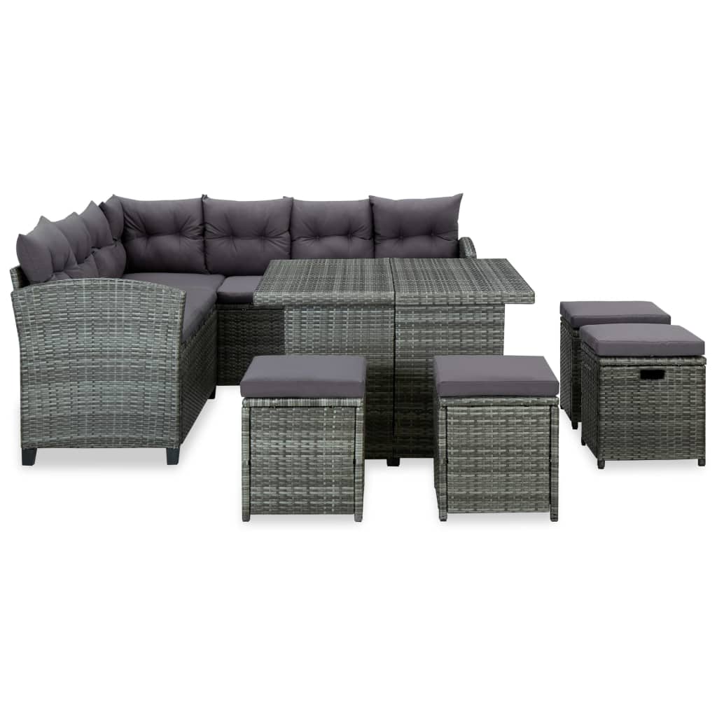 -Delige Loungeset Met Kussens Poly Rattan Grijs