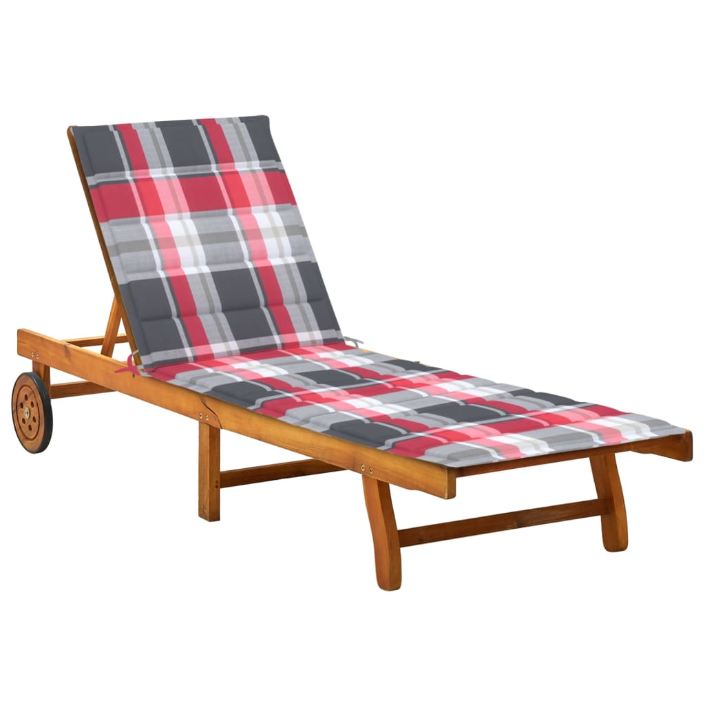 Ligbed Met Kussen Massief Acaciahout 200 x 63 x 85 cm Rood ruitpatroon