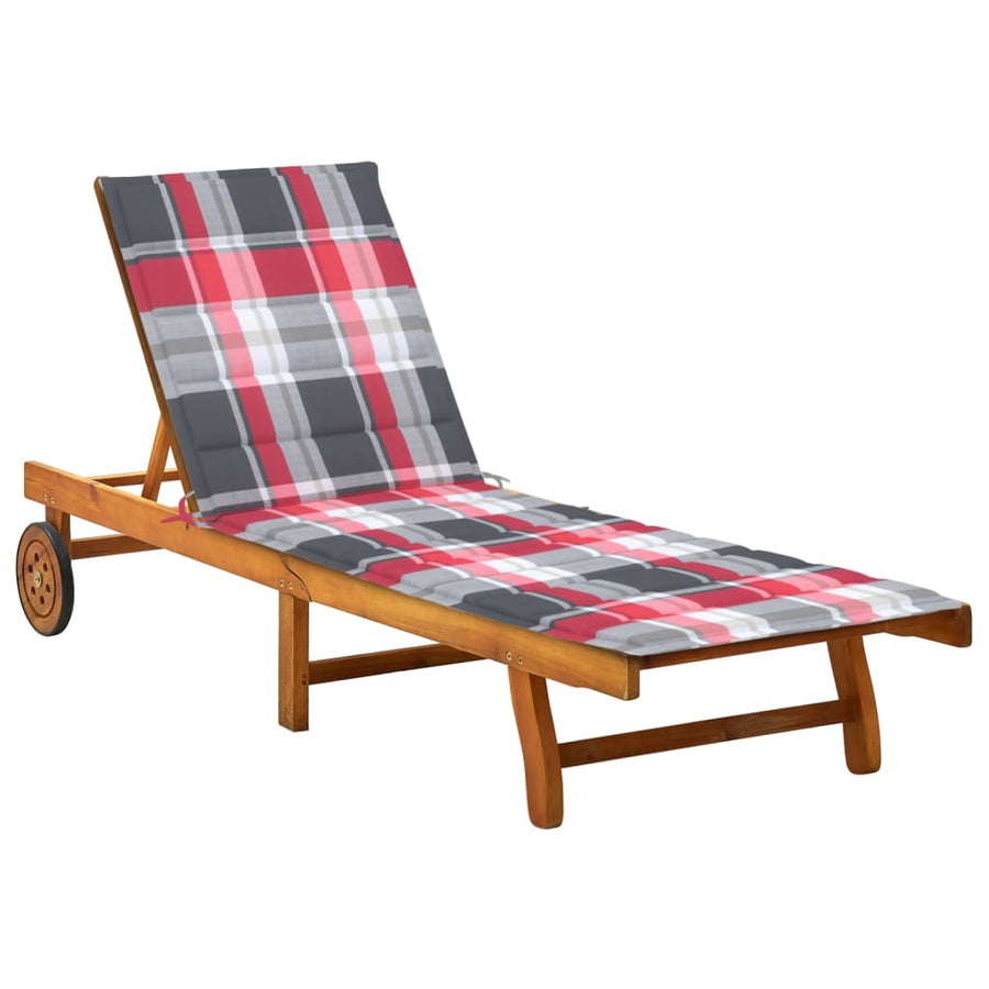 Ligbed Met Kussen Massief Acaciahout 200 x 63 x 85 cm Rood ruitpatroon