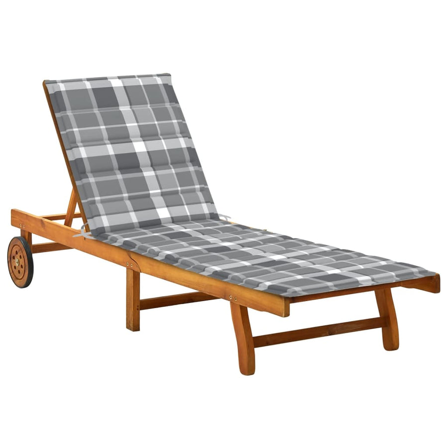 Ligbed Met Kussen Massief Acaciahout 200 x 63 x 85 cm Grijs ruitpatroon