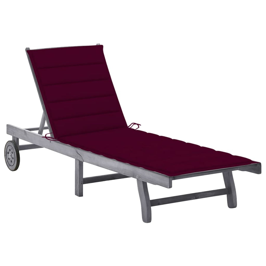 Ligbed Met Kussen Massief Acaciahout Grijs 200 x 63 x 85 cm Wijnrood