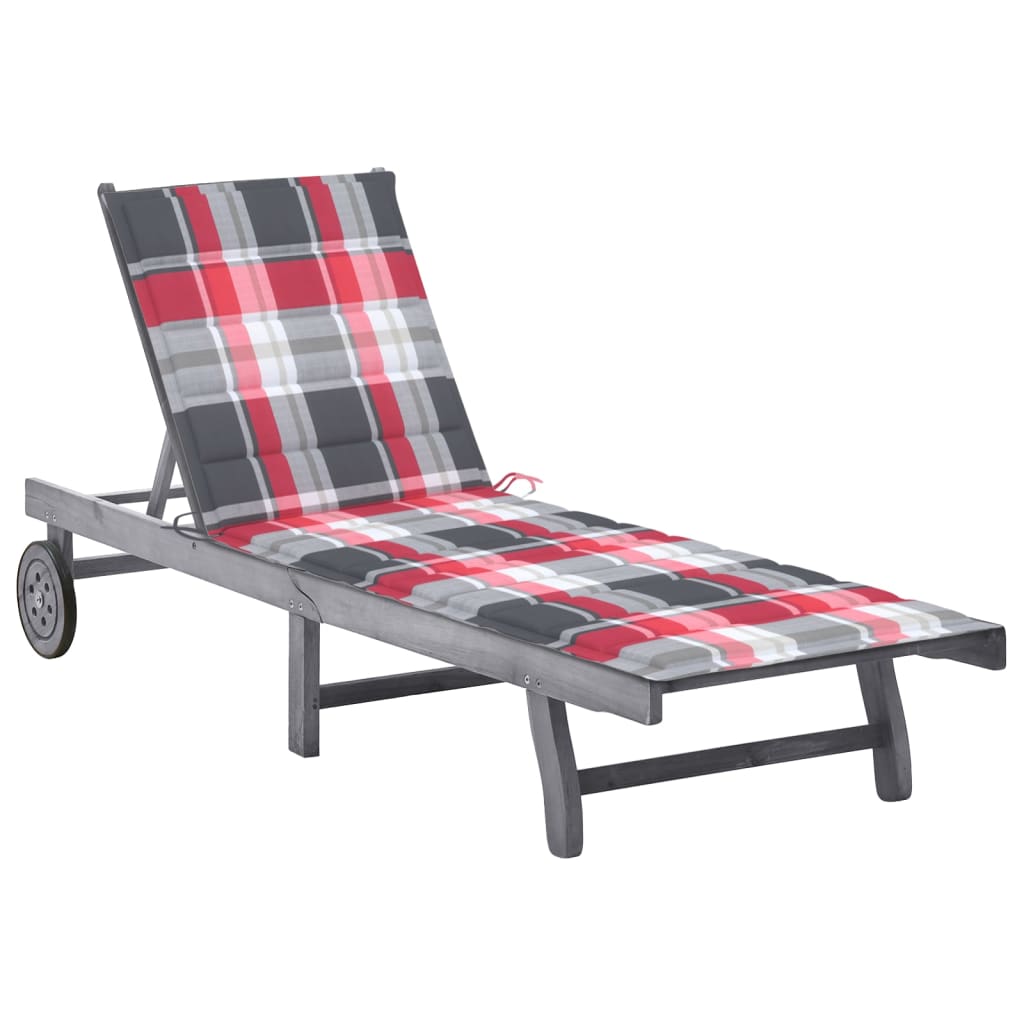 Ligbed Met Kussen Massief Acaciahout Grijs 200 x 63 x 85 cm Rood ruitpatroon