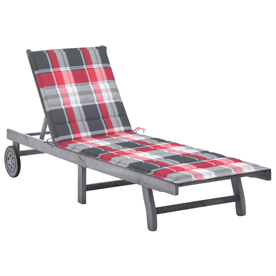 Ligbed Met Kussen Massief Acaciahout Grijs 200 x 63 x 85 cm Rood ruitpatroon