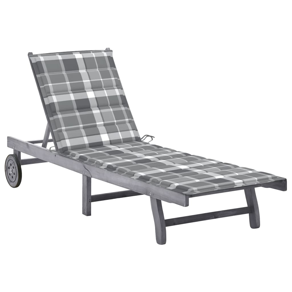 Ligbed Met Kussen Massief Acaciahout Grijs 200 x 63 x 85 cm Grijs ruitpatroon