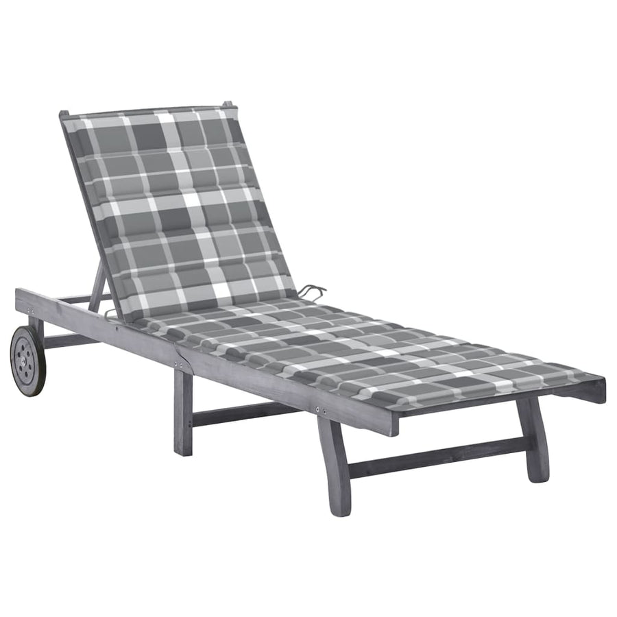 Ligbed Met Kussen Massief Acaciahout Grijs 200 x 63 x 85 cm Grijs ruitpatroon