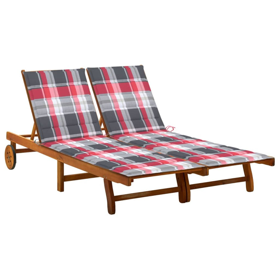 Ligbed 2-Persoons Met Kussens Massief Acaciahout 200 x 123 x 85 cm Rood ruitpatroon