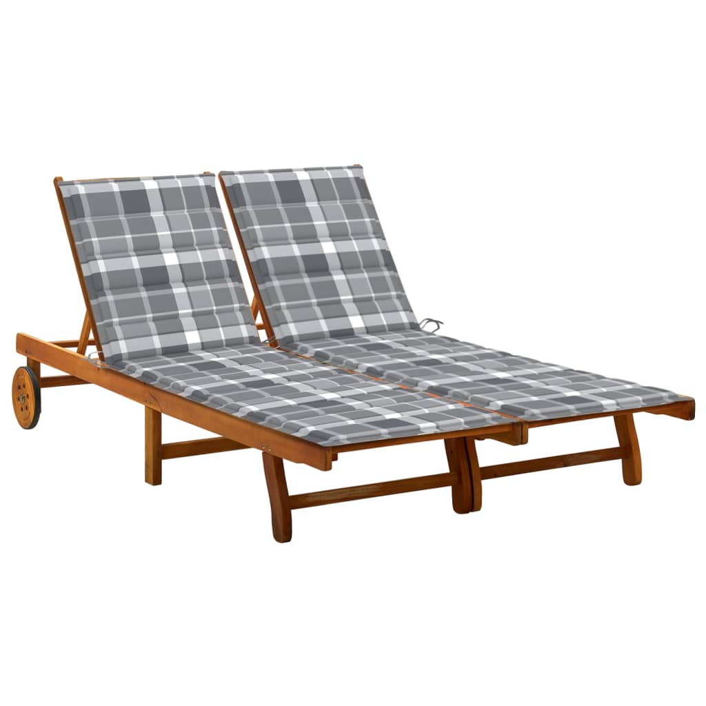 Ligbed 2-Persoons Met Kussens Massief Acaciahout 200 x 123 x 85 cm Grijs ruitpatroon