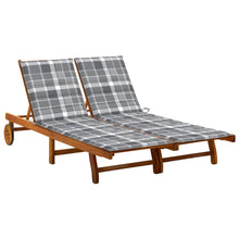 Ligbed 2-Persoons Met Kussens Massief Acaciahout 200 x 123 x 85 cm Grijs ruitpatroon